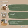 Instructions for packing a box, showing different stages of the process. Produktbild-Vorschau
