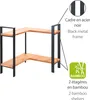 A corner shelf unit with black metal frame and bamboo shelves, with descriptive text and icons. Produktbild-Vorschau