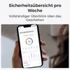 A person is holding a smartphone displaying a security overview app. Produktbild-Vorschau