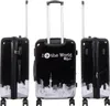 Three views of a black suitcase with a white city skyline graphic and text. Produktbild-Vorschau