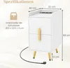 A white nightstand with gold accents and legs, featuring dimensions and internal drawer measurements. Produktbild-Vorschau