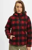 A woman wearing a red and black plaid fleece jacket. Produktbild-Vorschau