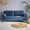 A blue velvet sofa is shown in a well-lit room with a woven pendant light and a potted plant. Anteprima dell’immagine prodotto