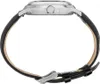 Side view of a watch with a black leather strap. Voir les images du produit