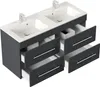 A double vanity bathroom cabinet with two sinks and faucets, shown with several drawers pulled out. Produktbild-Vorschau