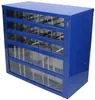 A blue metal storage box with multiple clear drawers. Produktbild-Vorschau