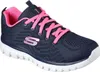 A single navy blue Skechers sneaker with pink laces and accents is shown against a white background. Voir les images du produit