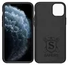 A split image showing an iPhone with a dark, textured wallpaper on the left and a black phone case with a logo and text on the right. Produktbild-Vorschau