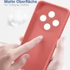 A hand is touching a red phone case, highlighting its matte surface and soft grip. Produktbild-Vorschau