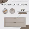 A marketing image for a bathroom vanity cabinet, showcasing its design and features. Produktbild-Vorschau