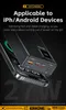 A black power bank is shown charging a smartphone, with marketing text overlayed. Produktbild-Vorschau