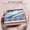 A hand holding a pink foldable phone case with a clear screen showing blue electrical sparks, indicating a charging feature. Produktbild-Vorschau