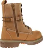 A side view of a tan and beige lace-up boot with a zipper. Voir les images du produit