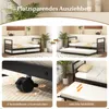 A collage of images showcasing a metal pull-out bed, its features, and its use. Produktbild-Vorschau