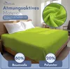 A bed with a green fitted sheet and white pillows. Produktbild-Vorschau