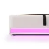 Close-up side view of a bed frame with pink LED lighting. Podgląd zdjęcia produktu
