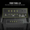 A close-up view of the front panel I/O ports of a computer case, with text overlays describing the ports. Náhled obrázku produktu