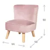 A pink velvet children's chair with wooden legs, shown from the front-side. Produktbild-Vorschau