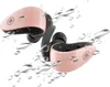 Two pink wireless earbuds with water droplets around them. Produktbild-Vorschau