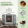 A fireplace screen in front of a fireplace, with decorative elements and text overlays highlighting features. Produktbild-Vorschau