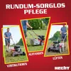 A collage of three images showing a lawnmower in use, with German text overlays describing different functions. Produktbild-Vorschau