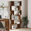 A wooden bookshelf filled with books and decorative items, next to a desk with a laptop and chair. Produktbild-Vorschau