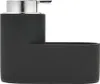 A black soap dispenser with a silver pump sits next to a sink organizer. Produktbild-Vorschau