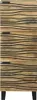 A tall, narrow wooden cabinet with a wavy striped pattern and black handles, standing on four black legs. Voir les images du produit