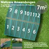 A set of green trapezoidal metal sheets laid out on grass, numbered 1-12, with text overlays and inset images showing applications. Voir les images du produit