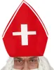 A close-up of a person wearing a red bishop's hat with a white cross. Anteprima dell’immagine prodotto