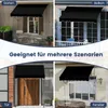 Collage of four images showing black awnings installed in different locations: a garden, a balcony, a door, and a window. Anteprima dell’immagine prodotto
