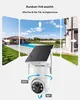 A solar-powered security camera with a solar panel, shown with illustrative panels showing its 360-degree view. Produktbild-Vorschau