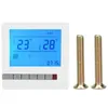 A white thermostat panel with a blue LCD screen displaying temperature and time, next to two gold screws. Voir les images du produit