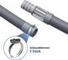 A close-up view of a gray corrugated hose with metal clamps, with a magnified inset showing one of the clamps. Produktbild-Vorschau