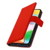 A red flip cover case for a smartphone, shown open with the phone inside. Produktbild-Vorschau