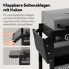A close-up view of a gas grill's side shelves and hooks, with inset images demonstrating their functionality. Produktbild-Vorschau