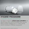 A baby bottle and cap are shown on a gray background with text describing a hygiene program. Produktbild-Vorschau