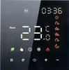 A digital smart thermostat with a black screen displaying the time, room temperature, and various icons. Produktbild-Vorschau