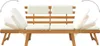 A wooden garden bench with white cushions, shown from the front. Náhľad obrázku produktu
