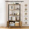 A tall, multi-shelf bookcase with cabinet doors at the bottom, filled with various decorative items and books. Icons and text on the right side suggest different uses for the shelves. Produktbild-Vorschau