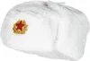 A white fur hat with a red and gold emblem. Náhled obrázku produktu