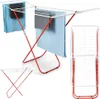 A red and white drying rack with towels draped over it, shown from multiple angles. Voir les images du produit