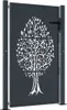 A dark gray metal garden gate with a white tree design cut out of it, standing between two posts. Produktbild-Vorschau
