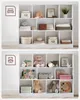 Two images showing a white modular shelf unit filled with various home decor and children's items. Produktbild-Vorschau