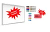A whiteboard with accessories, including markers, magnets, and an eraser, displayed on a white background. Produktbild-Vorschau