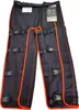 A pair of black chainsaw protective pants with orange trim and multiple black straps with buckles. Produktbild-Vorschau