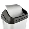 Close-up of the top of a silver trash can with a black lid and a gray swing-open flap. Náhľad obrázku produktu