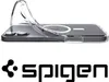 A clear phone case is shown on a phone, with the Spigen logo below. Podgląd zdjęcia produktu