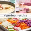 Collage showing cake batter being spread in a pan, a smoothie being poured into glasses, and a salad on a platter, with text overlay. Produktbild-Vorschau