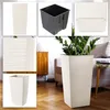 A collage of images showing a cream-colored planter with a textured surface, its internal components, and a lifestyle shot of the planter with a plant in a living room setting. Náhled obrázku produktu